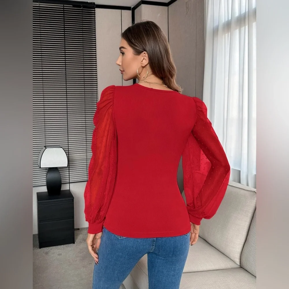 Womens Tops Deep V Neck Cross Wrap Sexy Tops Polka Dot Mesh Long Sleeve T Shirt - Picture 5 of 9